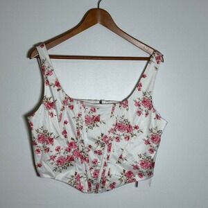 KUTUMAI Corset Top Floral Print White Pink Square Neck Zip Front Sleeveless